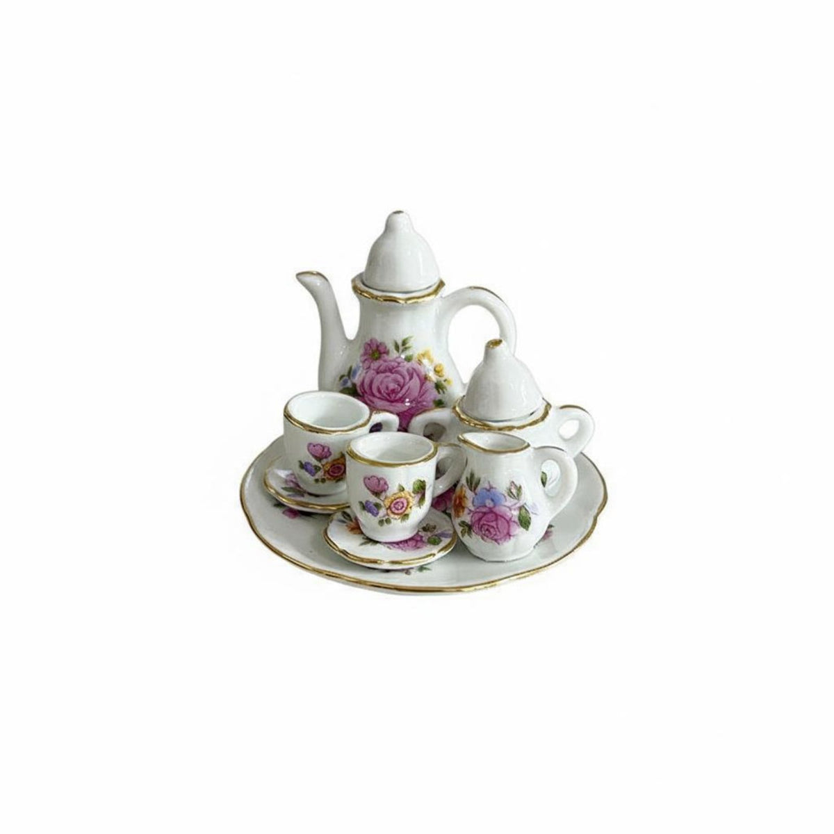 10 Pieces DIY Accessory 1:12 Scale Ceramic Tea Set Floral Pattern Miniature Porcelain Tea Set Gold Trim for Children, Pretend Play