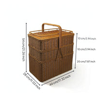 Three-Tier Picnic Basket Handwoven Rectangular Wicker Hamper Wicker Picnic Basket Lidded Handmade for Caterers, Picnics