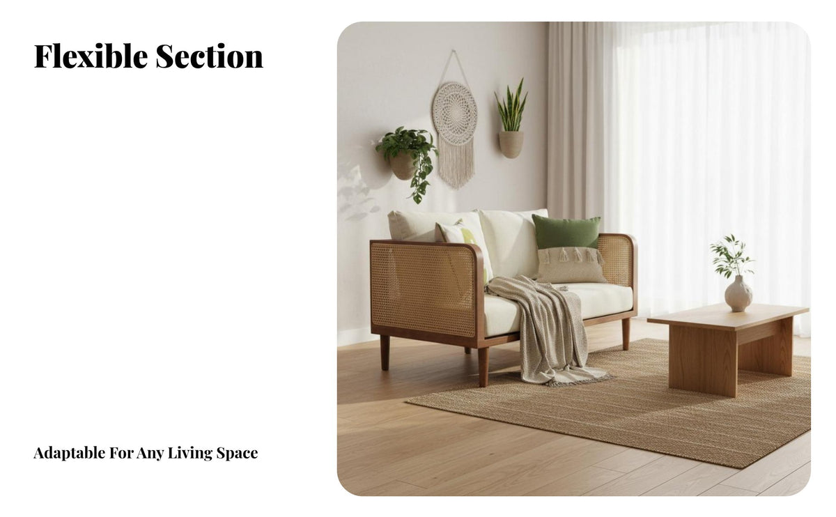 Nordic design Rattan Panel Sofa Wabi-Sabi Aesthetic paded Rattan Sofa Minimalist Design Lounge Seating Includes pads for Guesthouse Owners, Apartment Dwellers, Living Room, Small Spaces, Reception Area, Sunroom