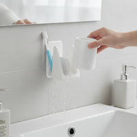 Wall-Mounted Toothbrush Holder with Drain and Cups, No-Drill Bathroom Organizer