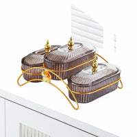 Elegant Design Snack Dish Set with Metal Stand Food-Grade Material Lidded Fruit and Nut Serving Platter Gold Accents Compartment Snack Platter Dustproof for Hotels, Parties, Holiday Gatherings, Living Room, Weddings