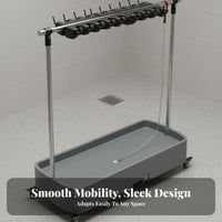 Stainless Steel Frame Mobile Mop and Broom Holder Water Collection Tray Mobile Broom and Mop Holder Single-Key Drainage Rolling Cleaning Tool Organizer Heavy Duty for Janitors, Commercial, Hospital, School, Garage