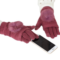 Women's Cashmere Rabbit Fur Ball Touchscreen Mittens, Thickened Warm Winter Gloves