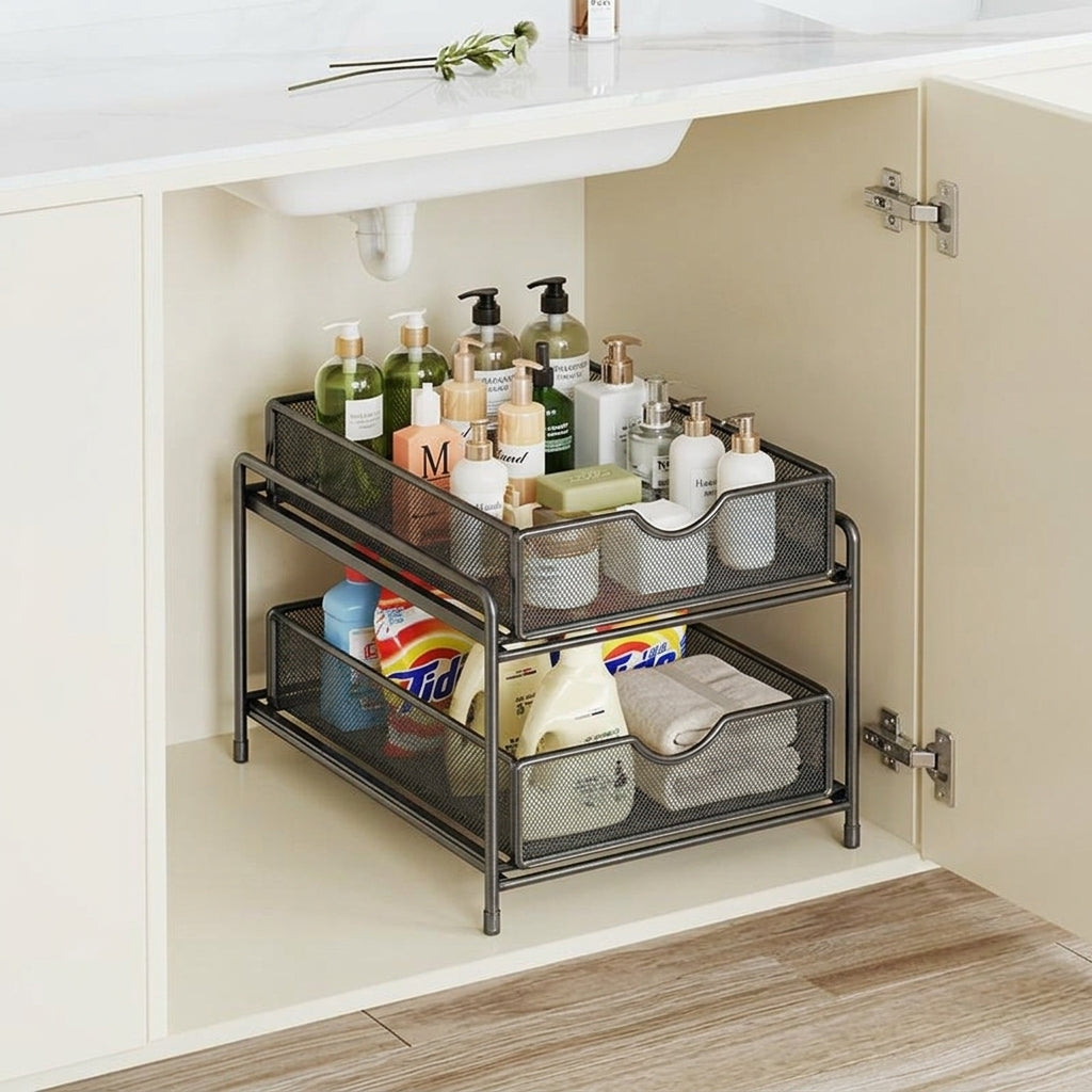Under Sink Organiser, Slide Out Under Sink Organiser, Pull Out Drawers for Cabinets, Black Metal Under Sink Storage, Matte