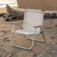 Aluminum Alloy Frame Folding Lounge Chair Wooden Armrests Lounge Camping Chair Curved Back Outdoor Furniture Textile Seat