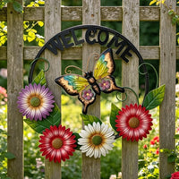 Floral Butterfly Wall Plaque Iron Crafted Metal Welcome Wall Decor 3D Layered Floral Butterfly Sign for Patio