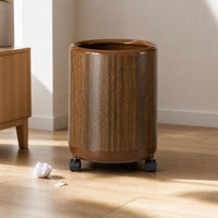 Wood Grain Round Trash Can with Wheels, Large Capacity Household Waste Bin