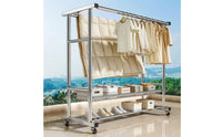 Stainless Steel Clothes Drying Rack Floor-Standing Clothes Drying Rack with Wheels Double Rod Multi-Tier for Families, Apartment Dwellers, Laundry Room, Balcony