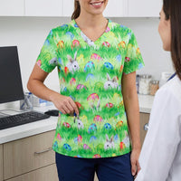 Easter Print Rounded Neck Nurse Uniform Top Side Slits Nursing Tunic Breathable Women's Scrub Top for Nurses, Caregivers, Hospital, Spa Center