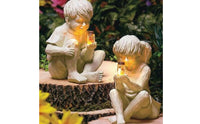 Pastoral Theme Resin Boy Girl Ornament Luminous Child Sculpture for Patio, Balcony, Desktop