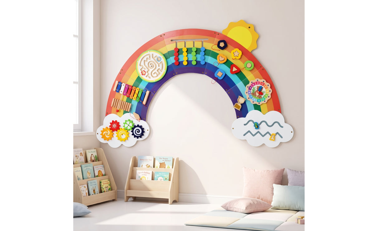 Interactive Wooden Activity Board Sensory Rainbow Activity Board Educational Toy Child-Led for Toddlers, Preschoolers, Kids, Playroom, Nursery, Daycare, Kindergarten