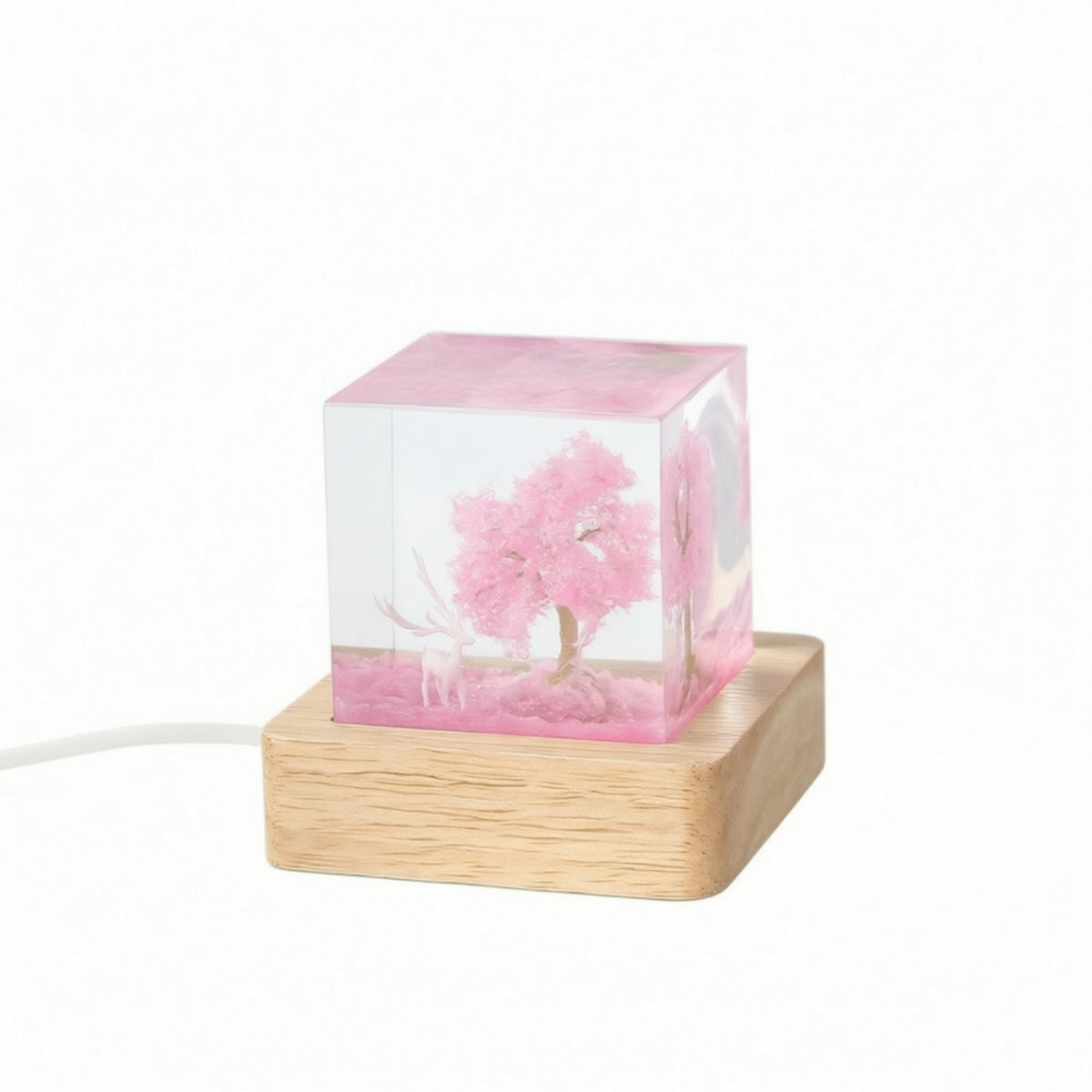 Whimsical Resin Night Light Warm Resin Cube Light Compact Lamp with Wooden Base Dreamy for Bedroom