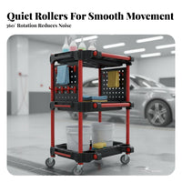 3-Tier Detailing Cart Full-Rotation Casters 3 Tier Detailing Cart Sturdy Car Wash Tool Organizer for DIY Enthusiasts, Mechanics, Warehouse