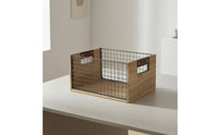Wire Storage Basket with Wooden Handles OpenWire Mesh Top Basket with Wooden Handles Rectangular for Shelf, Desk, Pantry