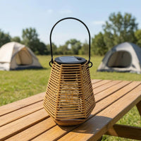 Open Slatted Solar Hanging Lantern Metal Frame Solar Rattan Lantern Arched Handle Wireless for Garden, Yard, Campsite, Balcony