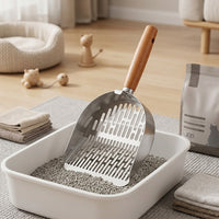 Metal Sifter with Slotted Holes, Deep Stainless Steel Cat Dog Waste Picker, Ergonomic Wooden Handle for Tray, Unique Cat Owner Gift