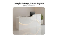 1 Cashier Desk Minimalist Modern Reception Counter Wide Desktop Checkout Table Engineered Wood Structure with High-gloss Finish Suitable for Retail Employees Business Owners Company Entrance