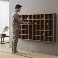 Carbonized Wooden Grid Shelf Multi-Compartment Wall Display Shelf Shallow Shelving Space Saving for Collectors, Tea Room, Study
