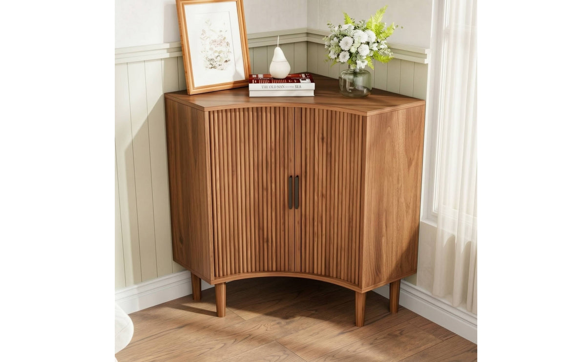 Corner Storage Cabinet with Sliding Doors Fluted Corner Cabinet with Sliding Doors Compact Credenza for Living Room, Bedroom, Office