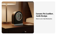 Night Light Function Leather Bedside Clock Quartz Movement Luminous Table Clock Classic Design for Students, Bedroom, Living Room, Bookshelf