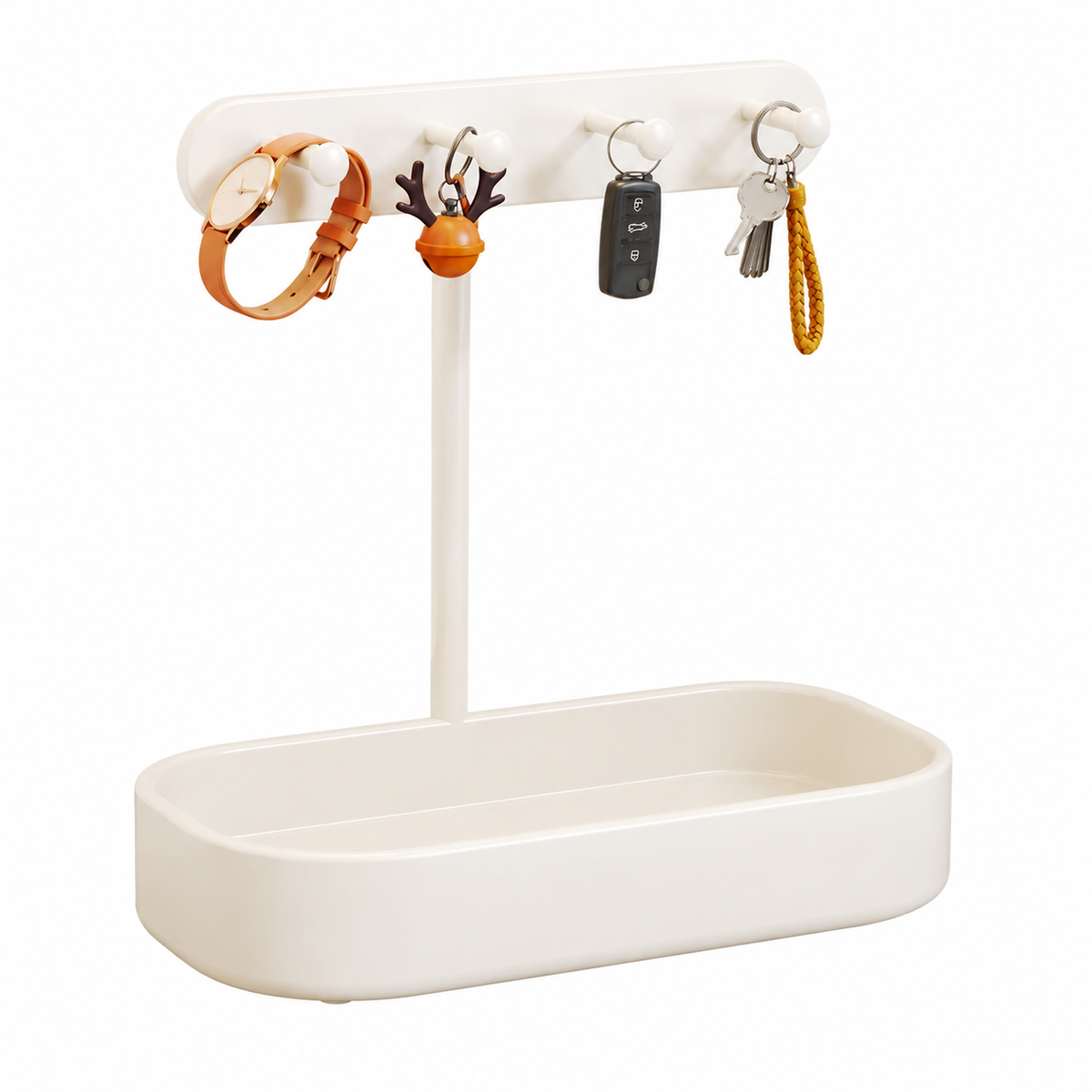 Metal desktop entryway organizer with storage tray and key hooks