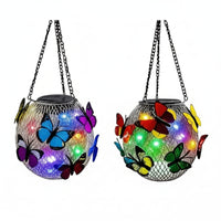 2 Pieces Multicolor Solar Lantern with Butterflies Outdoor Butterfly Solar Lantern Waterproof Light Decorative for Garden, Patio, Yard, Lawn