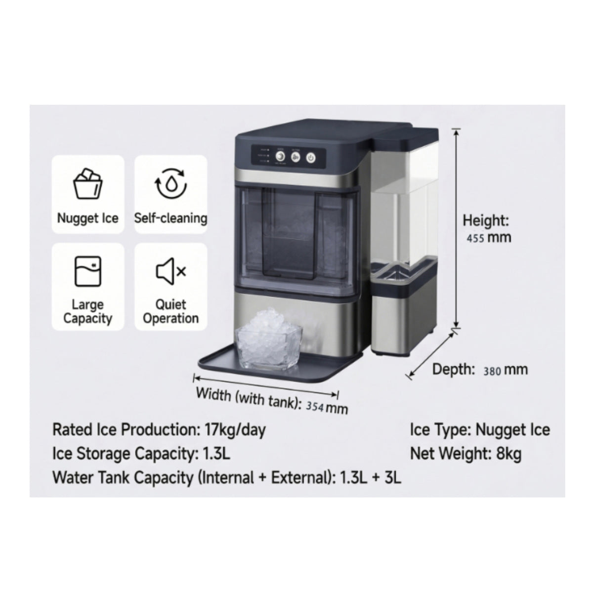 Countertop Ice Unit Stainless Steel Granular Ice Unit Transparent Door Water Reservoir for Kitchen, Commercial Drink Service