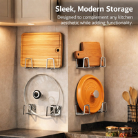 Stainless Steel No Drill Kitchen Organizer for Pot Lids and Cutting Boards, Wall Mounted Pot Lid and Cutting Board Holder