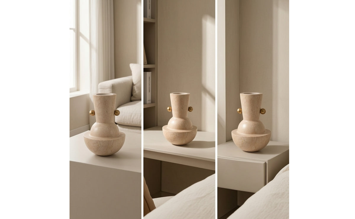Marble Vase with Metal Accents Minimalist Sculptural Vase Sturdy for Living Room