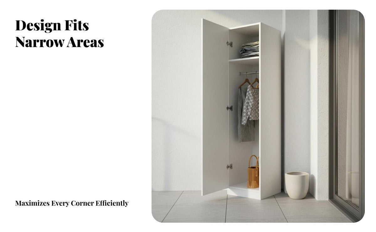 Space-Saving Single Door Wardrobe Modern Minimalist Design Narrow Storage Cabinet Large Capacity Unrestricted Standing Closet Cabinet Moisture-Proof for Apartment Dwellers, Homeowners, Small Areas, Balcony, Living Room, Home Office