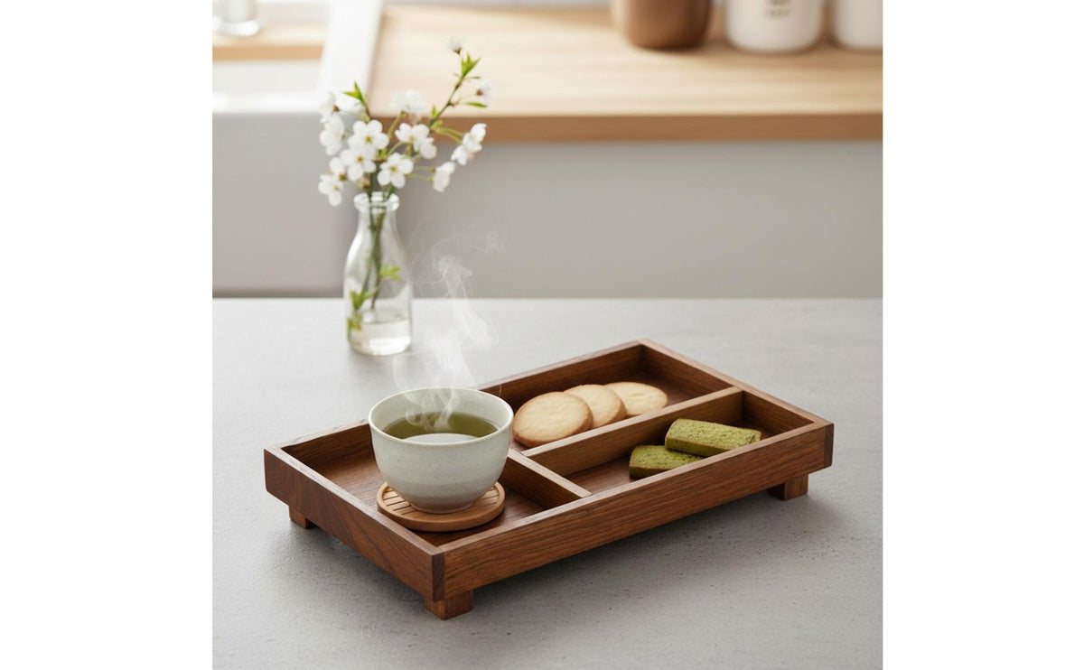 Japanese Design Wooden Tea Tray Solid Wood Rectangular Tea Tray Multi-Slot Design Tableware Decorative