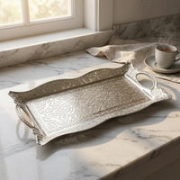 Floral Metal Tray with Handles Scroll Pattern Rectangular Silver Tray Openwork Classic European Style