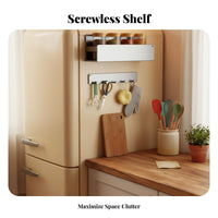 Nailtool-Less Installation Attractive Refrigerator Rack Space Saving Attractive Refrigerator Shelf Multipurpose Use Kitchen Organizer Includes Hanging Hooks for Home Cooks, Families, On Metal Surfaces, Small Areas, Bathroom, Laundry Room