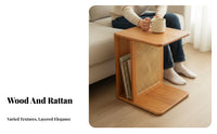Japanese design Wheeled Woven-Top End Table Mobile Design Sofa Side cart Multi-Functional Nightstand small Size for Homeowners, Apartment Dwellers, Students, Living Room, Bedroom, Entryway, Home Office