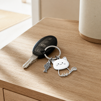 Cute Cartoon Cat Eating Fish Stainless Steel Keychain Pendant for Couples
