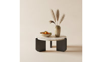 Round Coffee Table with Wood Base Low-Profile Travertine Coffee Table Minimalist Furniture for Living Room, Apartment, Balcony