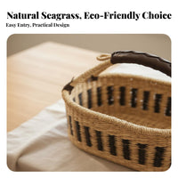 Handmade Handwoven Seagrass Basket Natural Material Oval Storage Basket with Handle African Inspired Design Bohemian Design for Interior Decorators, Homeowners, Bedroom, Kitchen, Entryway, Living Room