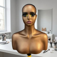 Realistic Mannequin Head with Shoulders Bald Mannequin Head with Shoulders Bronze Hairpiece Display Stand for Jewelers, Cosplayers