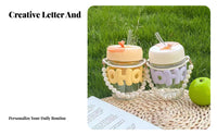 Heat and Cold Resistant Glass Straw Cup with Pearl Handle Aesthetic Design Portable Glass Cup with Letter Sleeve Reusable for Students, Home