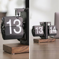 Flip Clock with Wooden Base Compact Classic Current Woodgrain Flip Clock High Readability for Office, Bookshelf