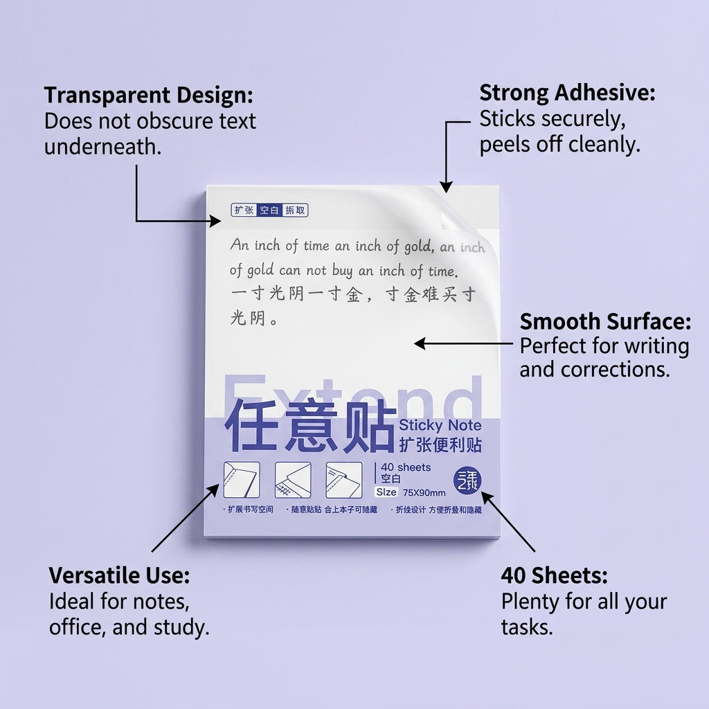 Transparent Sticky Notes with Grid Pattern for Note Taking and Studying Memo Pads for Students and Textbook Annotations, 40 Sheets