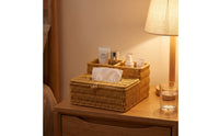 Rattan Tissue Box Cover with Side Organizer Divided Tissue Box Cover with Storage Compartment Rustic for Countertop
