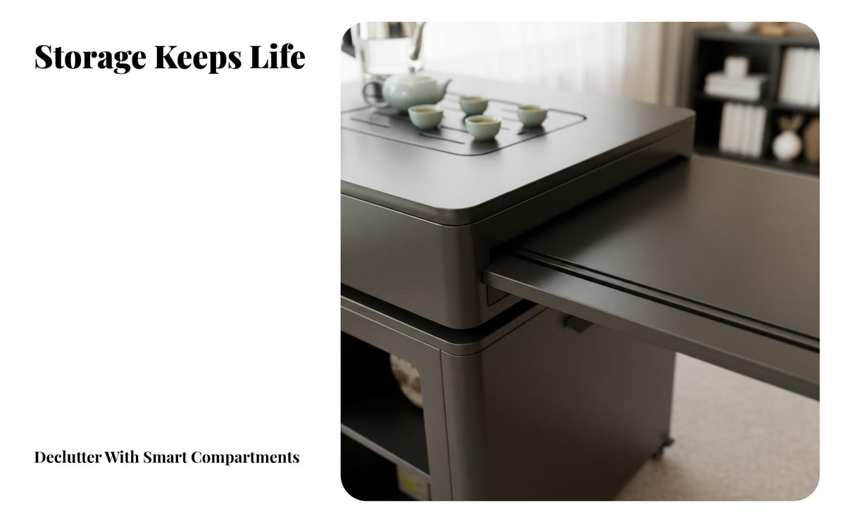 Space-Saving Convertible Lift-Top Coffee Table With Wheels Lift-Top Coffee Table Extendable Surface Living Room Furniture Mobile Design for Small Apartment Dwellers, Home Office Workers, Homeowners, Bedroom, Dining Area