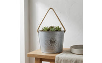 Distressed White Hanging Flower Pot Bird Motif Iron Flower Pot Rope Handle Metal Bucket Planter Printed Text