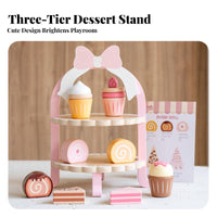 Promotes Interactive Play Pretend Afternoon Tea Set Solid Wood Construction Afternoon Tea Playset Develops Social Skills Wooden Dessert Stand Playset Realistic Design for Preschoolers, Toddlers, Playhouse