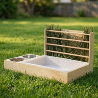 Hay Feeder with Food Bowls and 5 Slots, Wooden Guinea Pig Feeder and Hamster Feeder, Small Pet Feeder Rack with Tray for Pet Care and Less Waste