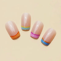 Nails French Tip with Rainbow Stripes, Short Square False for Weddings and Parties, Reusable Artificial with Jelly Glue and Included