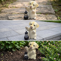 Resin Dog Garden Statue with Lantern Waterproof Puppy Statue with Solar Light Hand-Painted Dog Figurine with Lantern Decorative for Pathway
