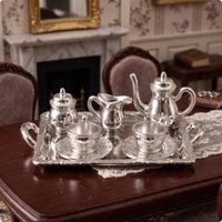 Miniature Tea Set with Tray Embossed Dollhouse Tea Service Decorative Toy for Collectors