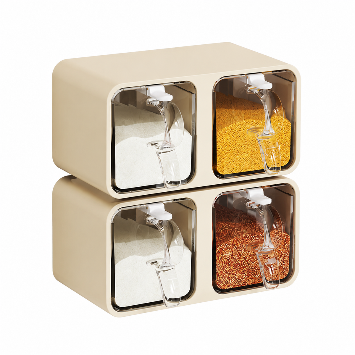 Wall-mounted spice organizer, 4 sections, with spoons and labels, moisture-resistant, beige